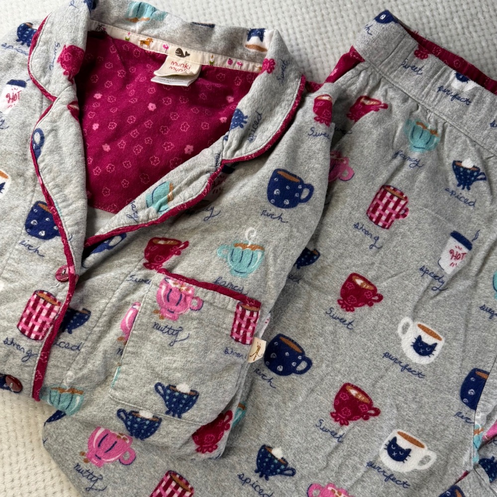 Munki Munki Pajama Top L Gray Coffee Tea Mug Print Bamboo Cotton Button Down
